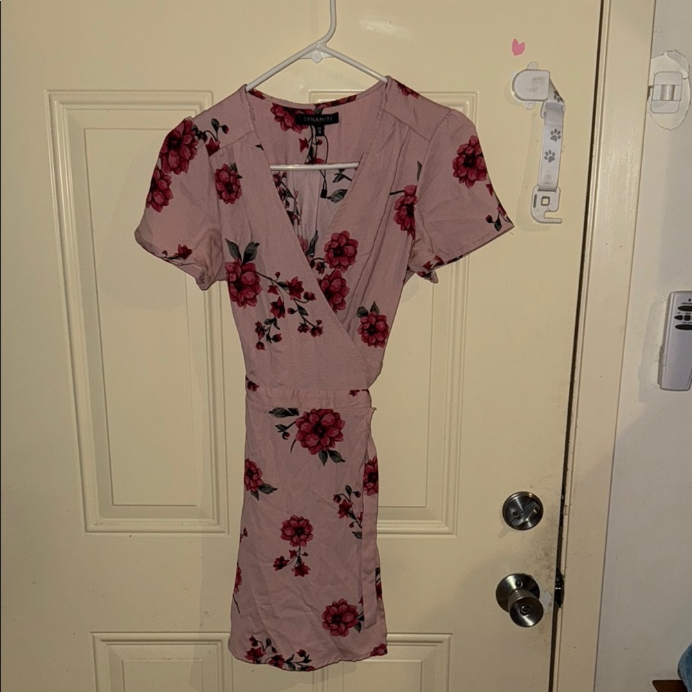 Dynamite Pink with Red Wrap Tie Front Mini Dress